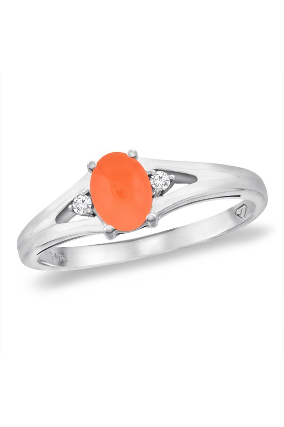 14K White Gold Diamond Natural Orange Moonstone Engagement Ring Oval 6x4 mm, size 10