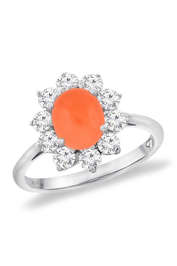 14K White Gold Diamond Natural Orange Moonstone Engagement Ring Oval 8x6 mm, size 8