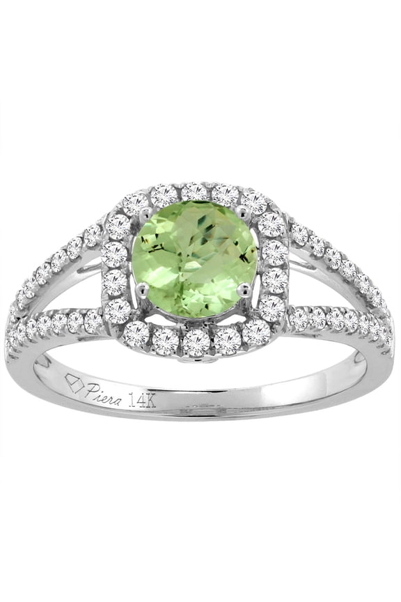 14K White Gold Diamond Natural Peridot Engagement Halo Ring Round 7 mm, size 7.5