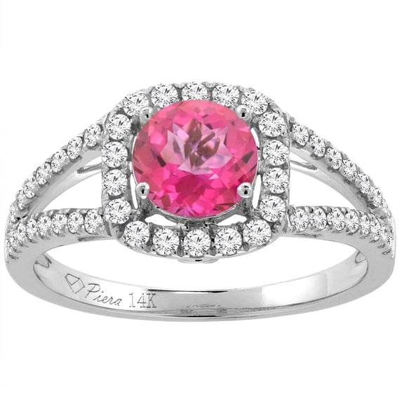 14K White Gold Diamond Natural Pink Topaz Engagement Halo Ring Round 7 mm, size 9