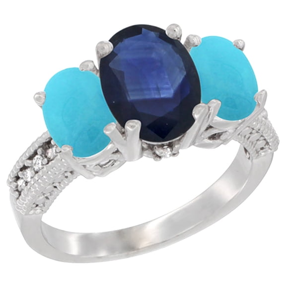14K White Gold Diamond Natural Quality Blue Sapphire 3-stone Mothers Ring Oval 8x6mm with Turquoise, sz9