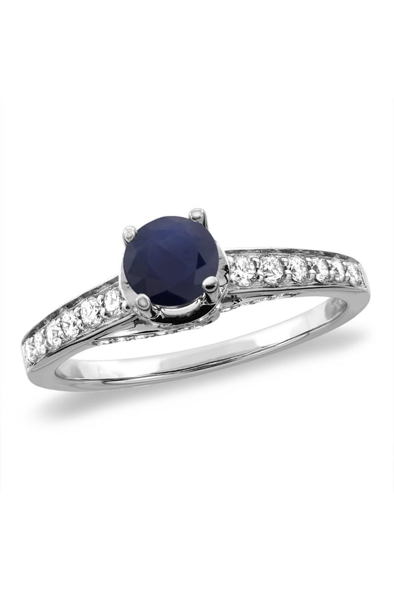 14K White Gold Diamond Natural Quality Blue Sapphire Engagement Ring Round 4 mm, size 5