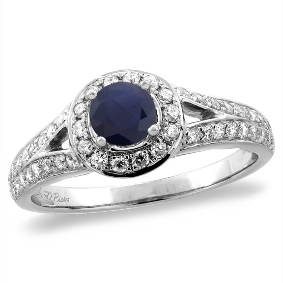 14K White Gold Diamond Natural Quality Blue Sapphire Halo Engagement Ring Round 4 mm, size 5.5