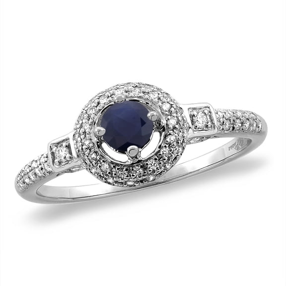 14K White Gold Diamond Natural Quality Blue Sapphire Halo Engagement Ring Round 4 mm, size 9