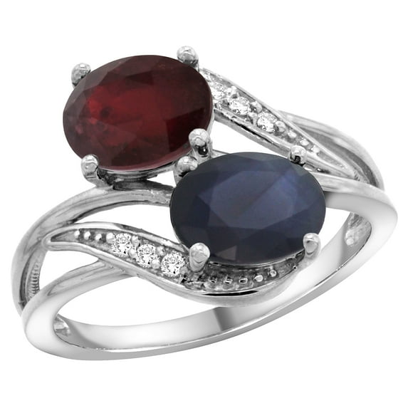 14K White Gold Diamond Natural Quality Ruby & Blue Sapphire 2-stone Mothers Ring Oval 8x6mm, size 10