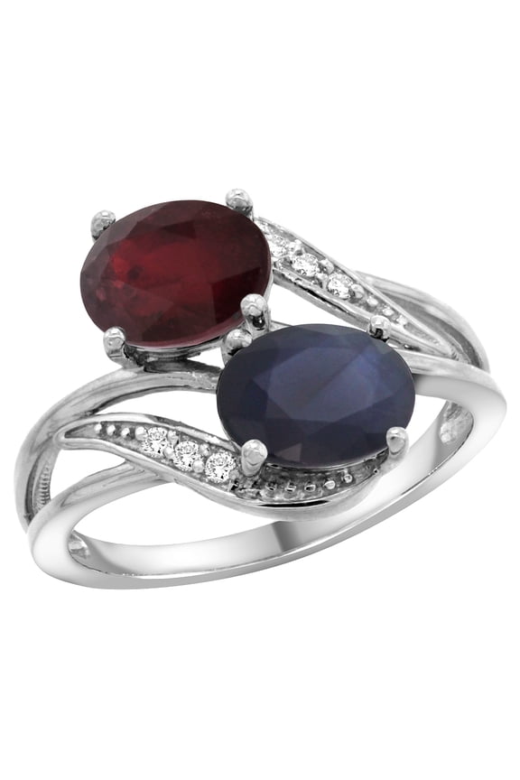 14K White Gold Diamond Natural Quality Ruby & Blue Sapphire 2-stone Mothers Ring Oval 8x6mm, size 7