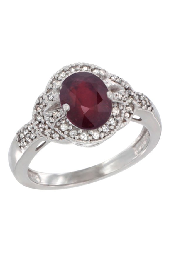 14K White Gold Diamond Natural Quality Ruby Engagement Ring Oval 8x6 mm, size 10