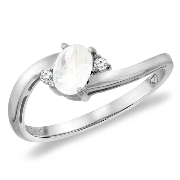 14K White Gold Diamond Natural Rainbow Moonstone Bypass Engagement Ring Oval 6x4 mm, size 7