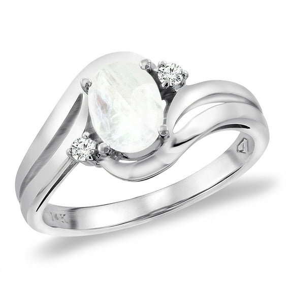 14K White Gold Diamond Natural Rainbow Moonstone Bypass Engagement Ring Oval 8x6 mm, size 8.5