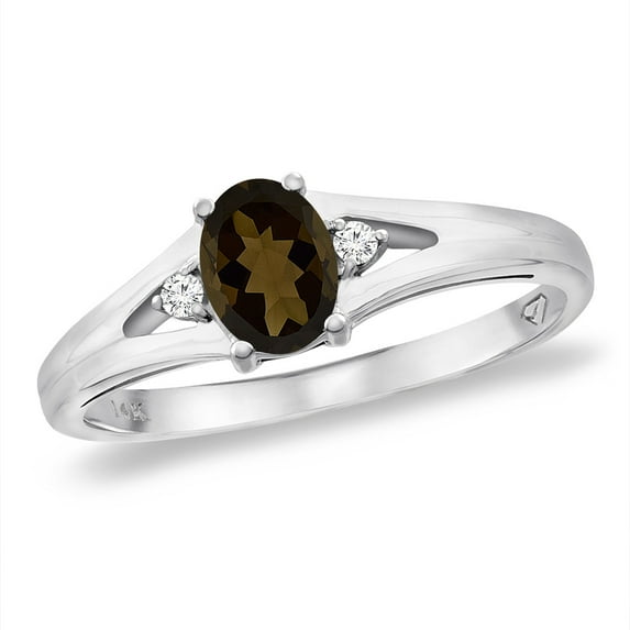 14K White Gold Diamond Natural Smoky Topaz Engagement Ring Oval 6x4 mm, size 6.5