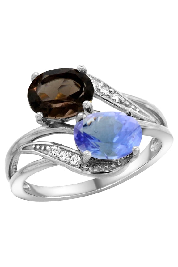 14K White Gold Diamond Natural Smoky Topaz & Tanzanite 2-stone Ring Oval 8x6mm, size 8.5