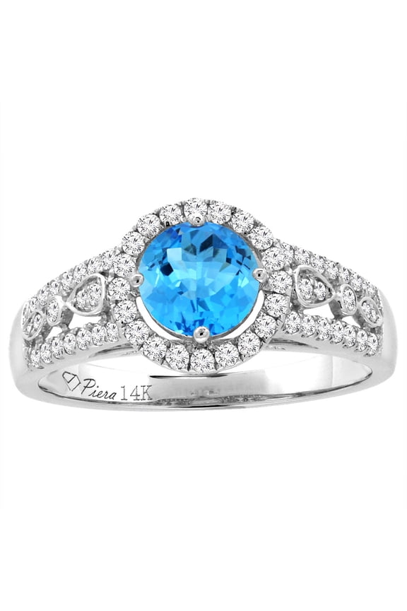 14K White Gold Diamond Natural Swiss Blue Topaz Engagement Halo Ring Round 7 mm, size 5.5