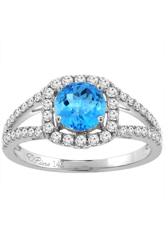 14K White Gold Diamond Natural Swiss Blue Topaz Engagement Halo Ring Round 7 mm, size 6.5