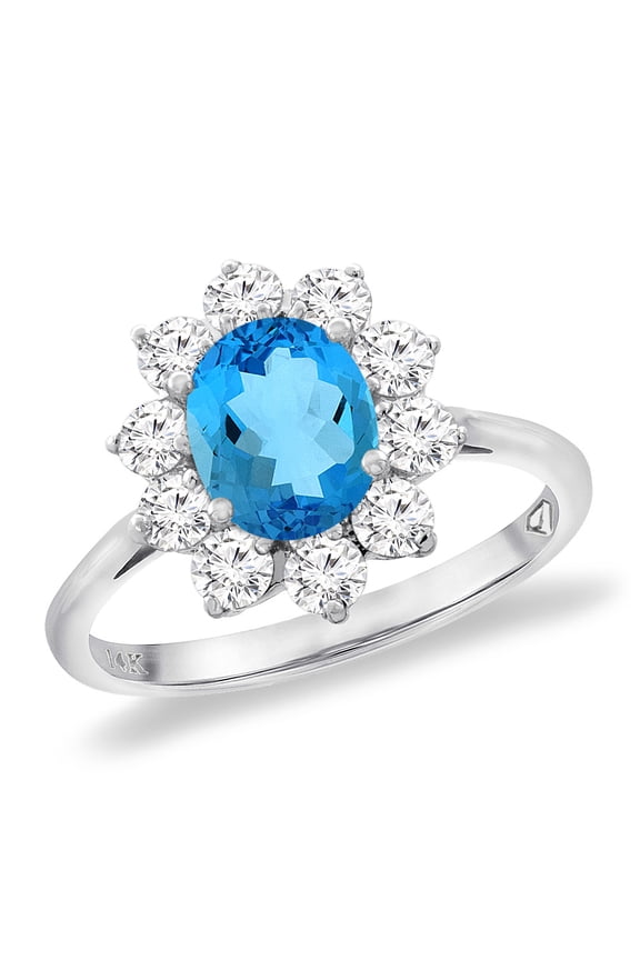 14K White Gold Diamond Natural Swiss Blue Topaz Engagement Ring Oval 8x6 mm, size 5