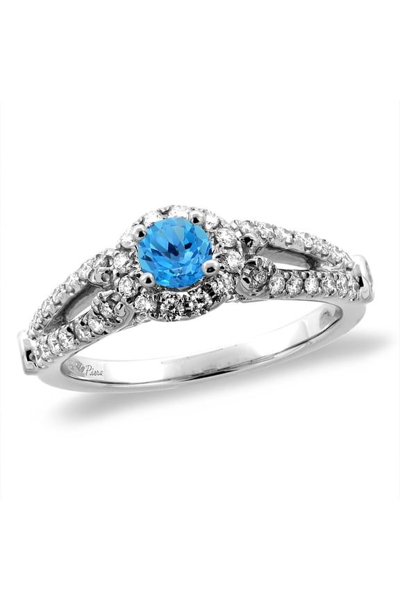 14K White Gold Diamond Natural Swiss Blue Topaz Halo Engagement Ring Round 4 mm, size 8