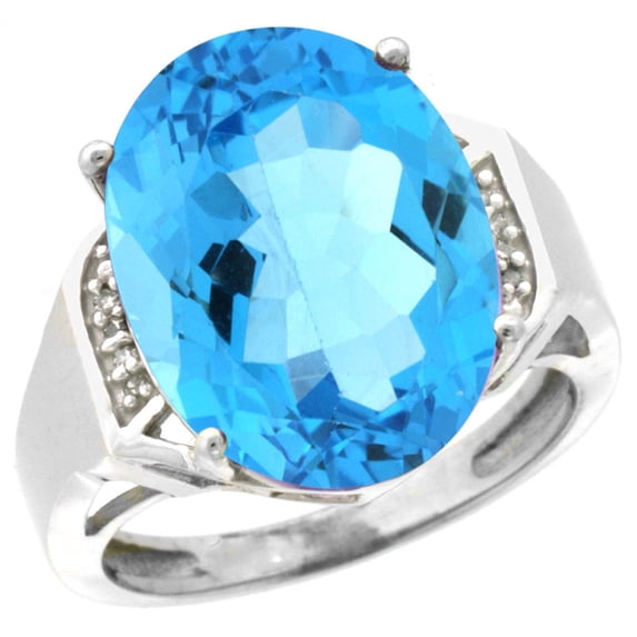14K White Gold Diamond Natural Swiss Blue Topaz Ring Oval 16x12mm, size 7
