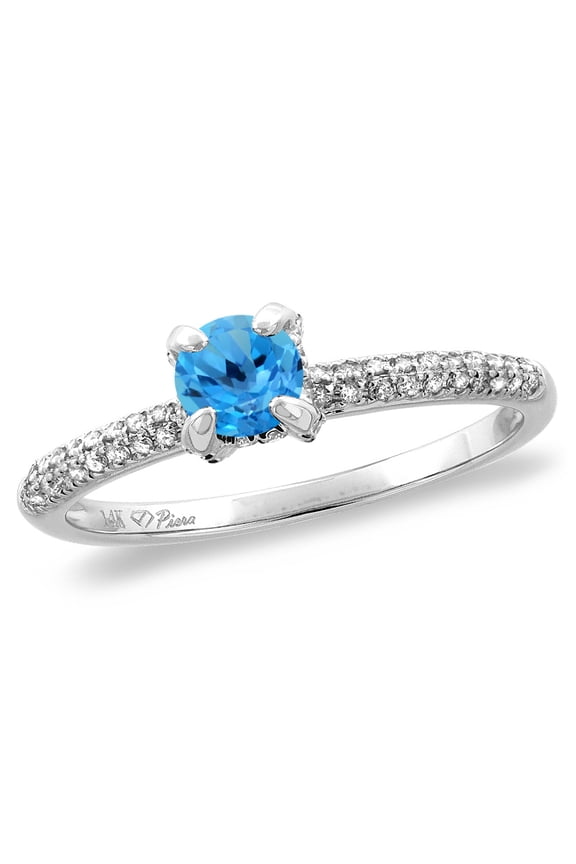 14K White Gold Diamond Natural Swiss Blue Topaz Solitaire Engagement Ring Round 4 mm, size 8.5
