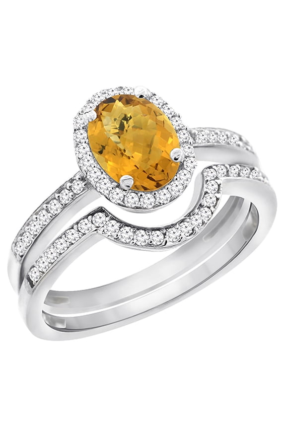 14K White Gold Diamond Natural Whisky Quartz 2-Pc. Engagement Ring Set Oval 8x6 mm, size 5