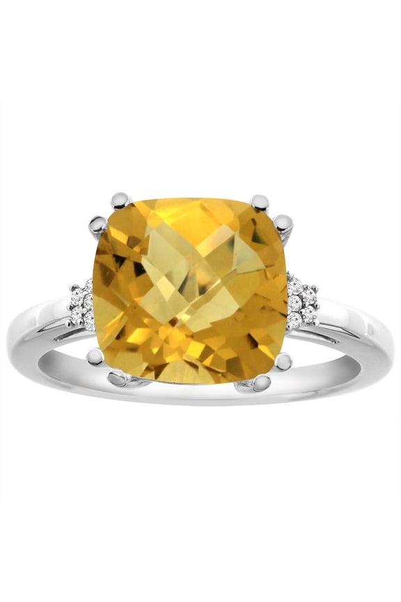 14K White Gold Diamond Natural Whisky Quartz Engagement Ring Cushion-cut 10x10 mm, size 8.5