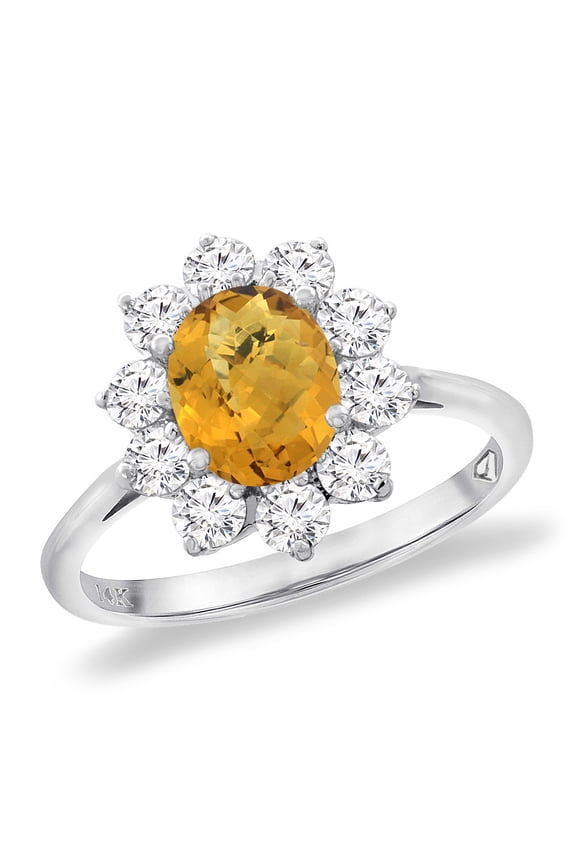 14K White Gold Diamond Natural Whisky Quartz Engagement Ring Oval 8x6 mm, size 10
