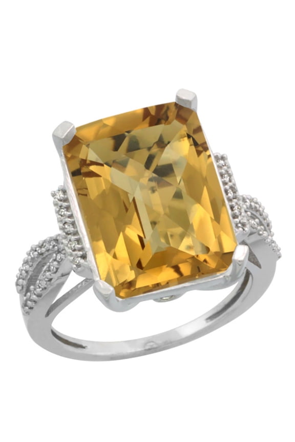 14K White Gold Diamond Natural Whisky Quartz Ring Emerald-cut 16x12mm, size 8.5