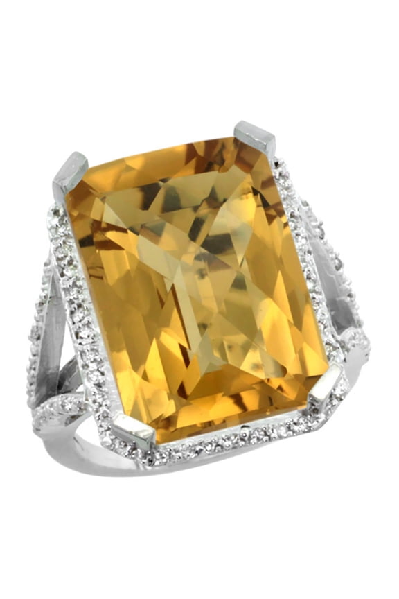 14K White Gold Diamond Natural Whisky Quartz Ring Emerald-cut 18x13mm, size 5.5