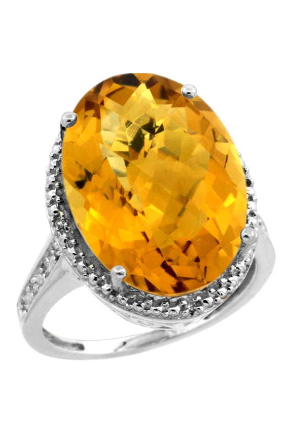 14K White Gold Diamond Natural Whisky Quartz Ring Oval 18x13mm, size 6