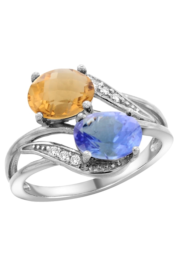 14K White Gold Diamond Natural Whisky Quartz & Tanzanite 2-stone Ring Oval 8x6mm, size 9