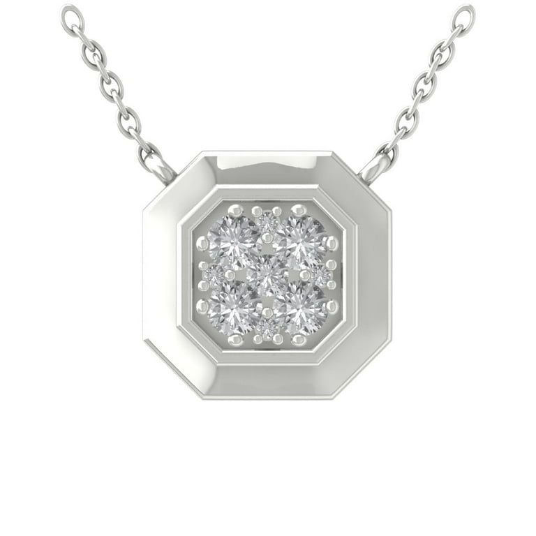 14K White Gold Diamond Rectangle Cluster Pendant with Sterling