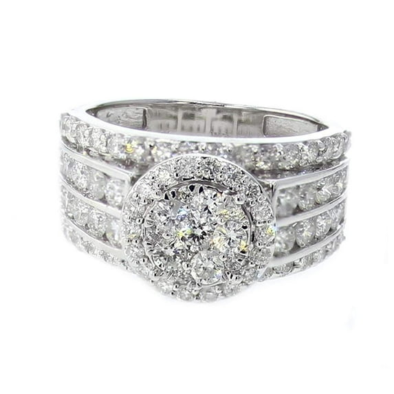 14K White Gold Diamond Ring Womens 2.30ctw Wide Band 3 in 1 Style Round Halo Top