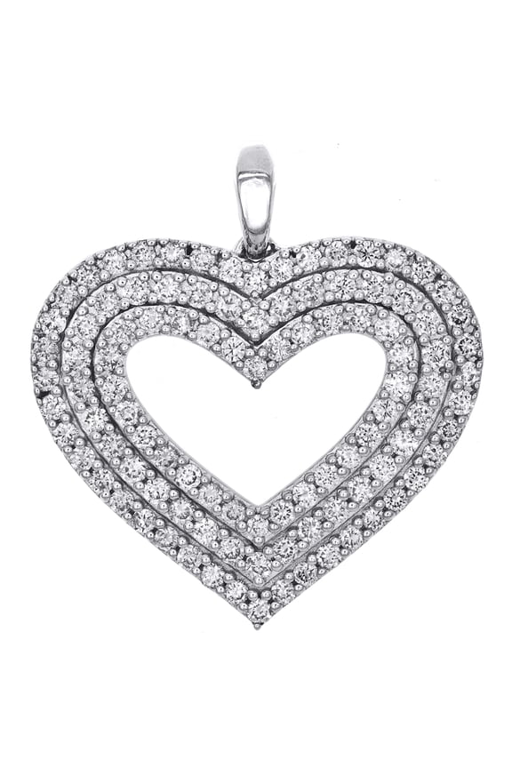 14K White Gold Diamond Triple Outline Heart Pendant 1" Statement Pave Charm 1 CT