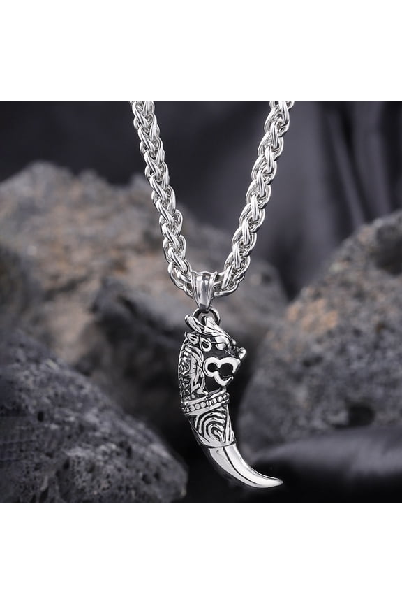14K White Gold Dragon Head Pendant Necklace Wolf Tooth Amulets And Talismans Cool Necklace For Women And Men