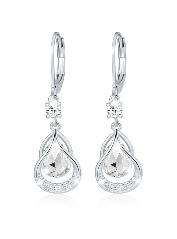 18K White Gold Plated Drop Earrings for Women Girls Hypoallergenic S925 Sterling Silver April Birthstone Earrings with CZ Birthday Valentines Day Jewelry Gifts Teen Her Wife Adults Kids Ideas