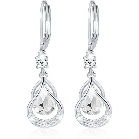 APSVO 18K White Gold Plated Drop Earrings for Women Girls Hypoallergenic S925 Sterling Silver April Birthstone Earrings with CZ Birthday Christmas Jewelry Gifts Teen Mom Adults Stocking Stuffers Kids