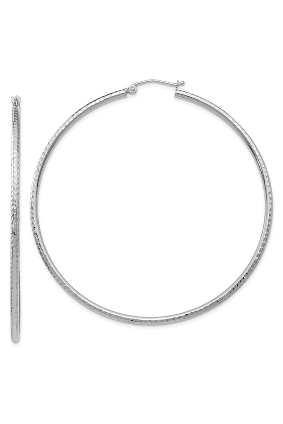 14K White Gold Earring Hoop Women'S 60 mm Diamond-Cut 2Mm Round Tube Earrings