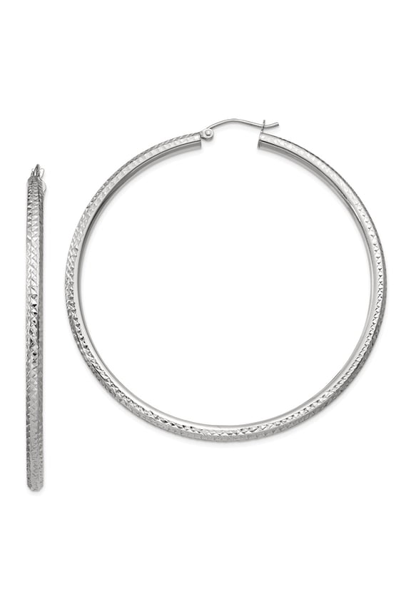 14K White Gold Earring Hoop Women'S 60 mm Diamond-Cut 3Mm Round Earrings