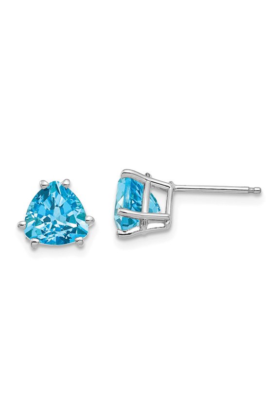 14K White Gold Earring Stud Women'S Swiss Blue Topaz Center Stone Mounting Trillion 8 mm 7