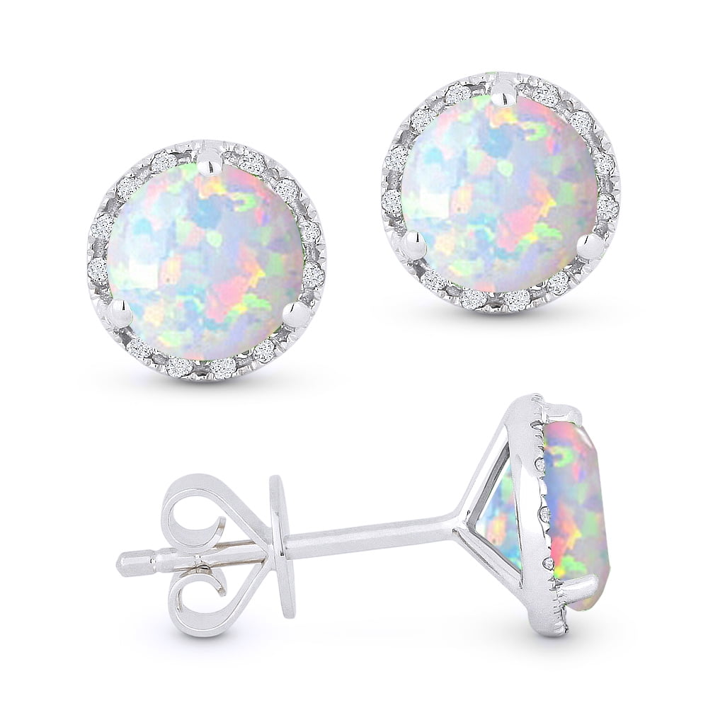 14K White Gold Earring with 1.04-ct Round Opal and 0.07-ct White Diamonds