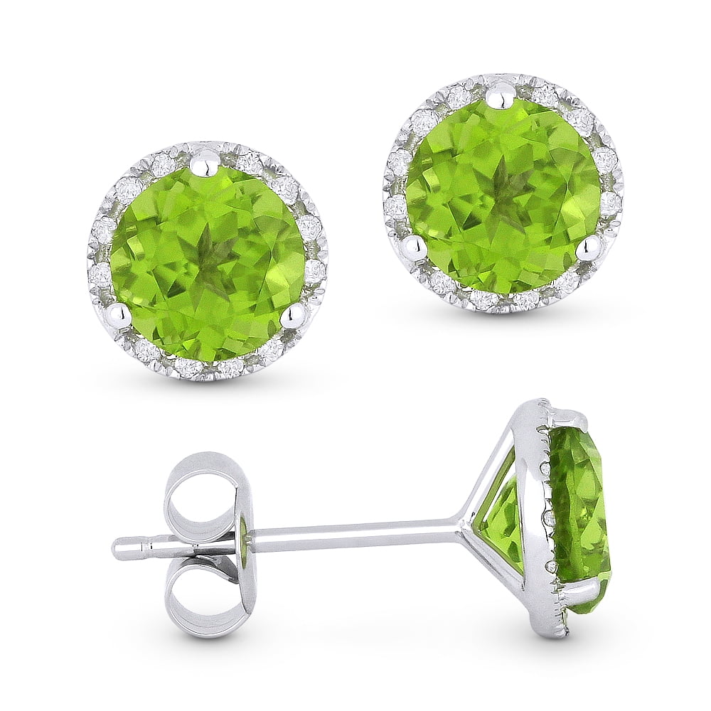 14K White Gold Earring with 1.92-ct Round Green Peridot and 0.07-ct White Diamonds