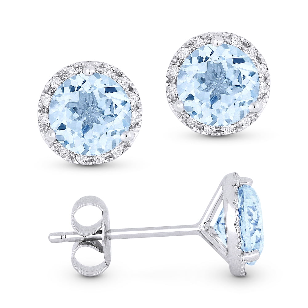 14K White Gold Earring with 2.01-ct Round Very Light Blue Aquamarine and 0.07-ct White Diamonds