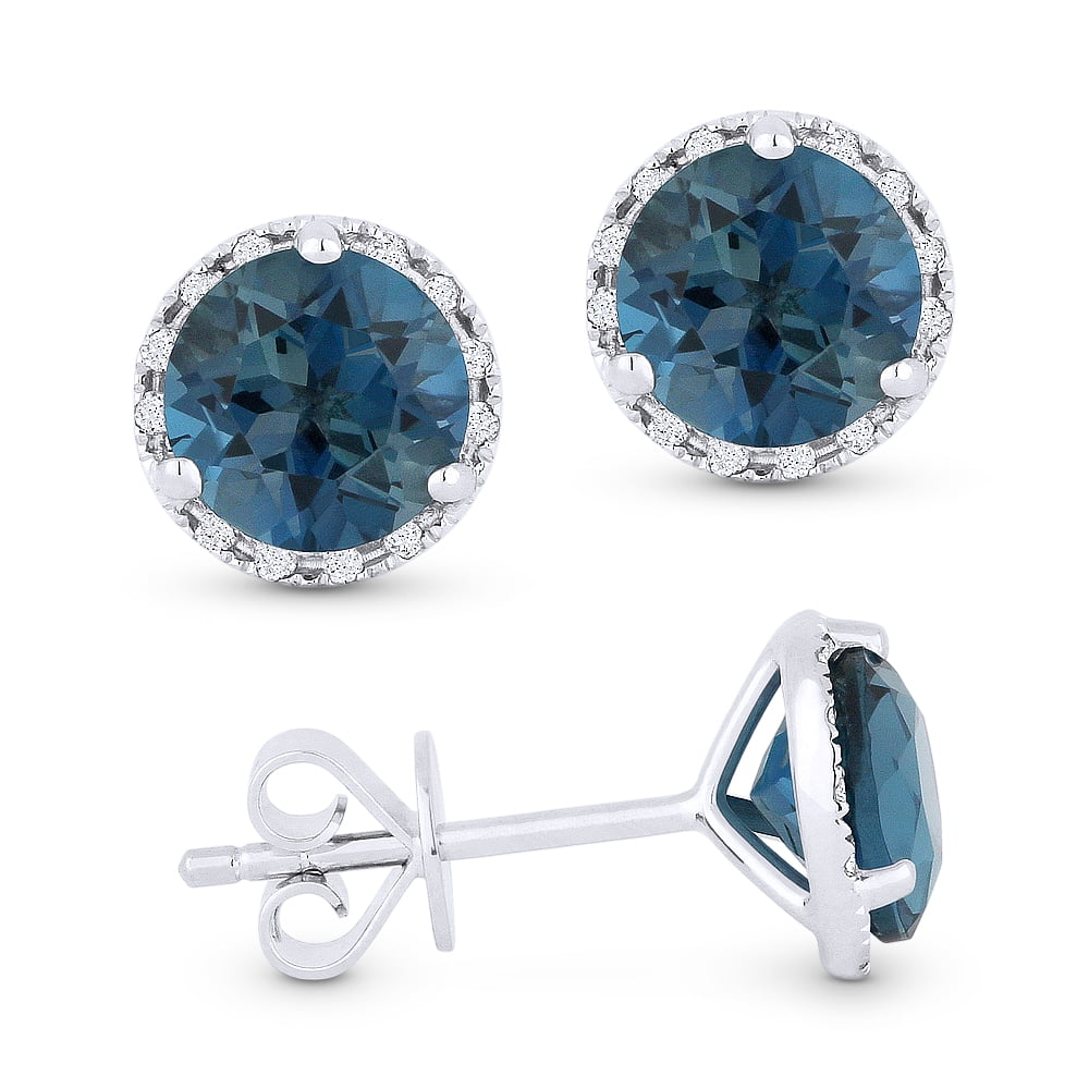 14K White Gold Earring with 2.02-ct Round Blue Topaz and 0.07-ct White Diamonds