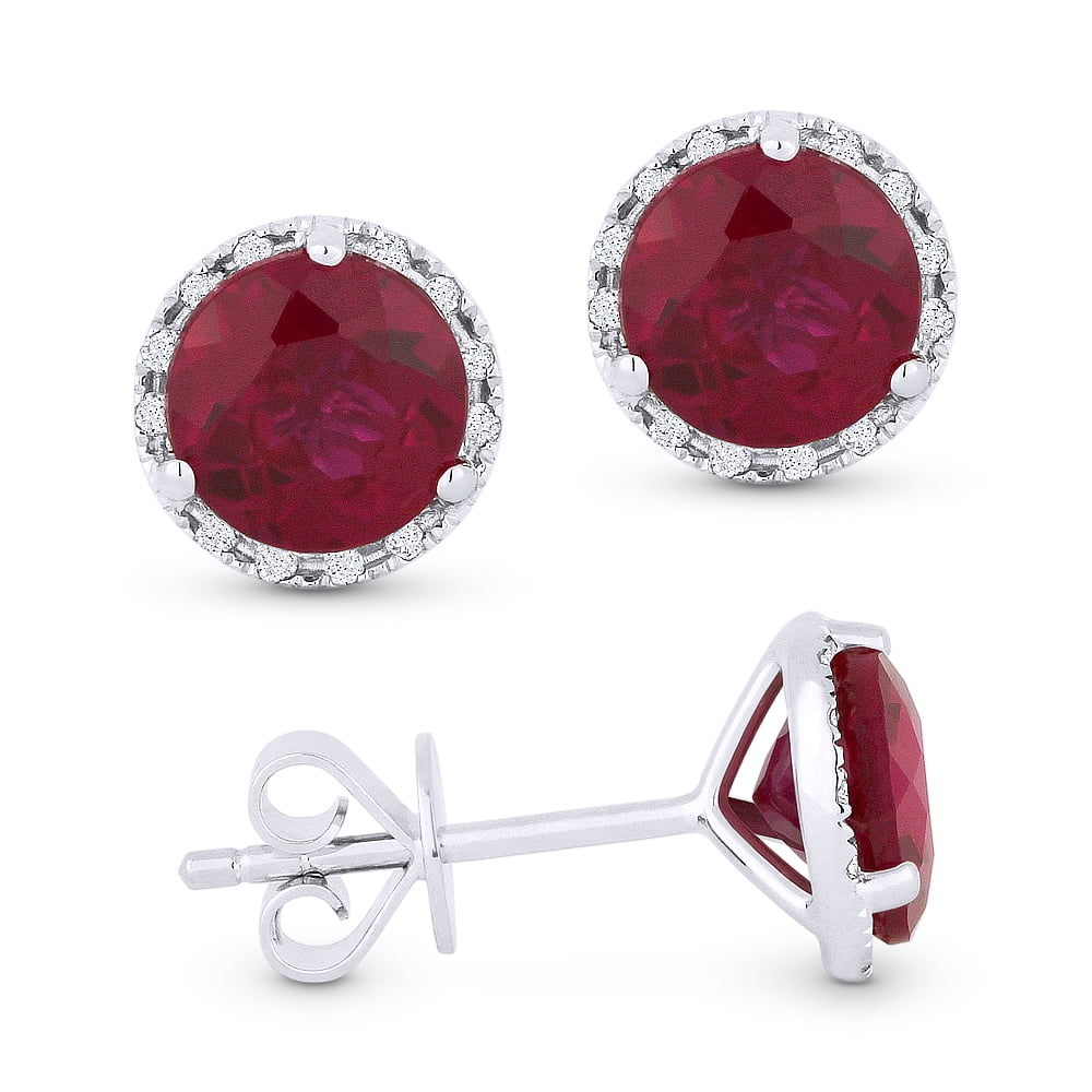 14K White Gold Earring with 2.23-ct Round Red Ruby and 0.07-ct White Diamonds