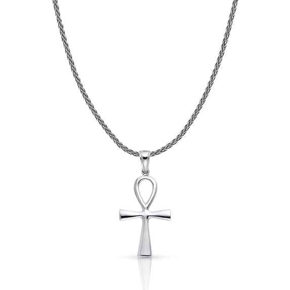 14K White Gold Egyptian Ankh Cross Charm Pendant with 1.4mm Round Wheat Chain Necklace - 18"