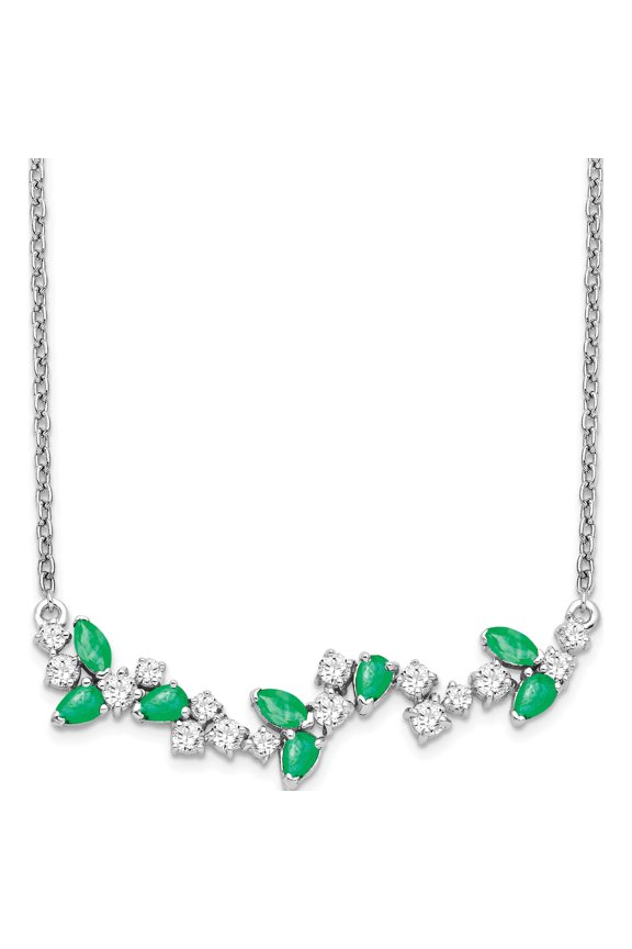 14K White Gold Emerald And Diamond 18In. Floral Bar Necklace (Width 8.3) (Length 18) - Jbsp