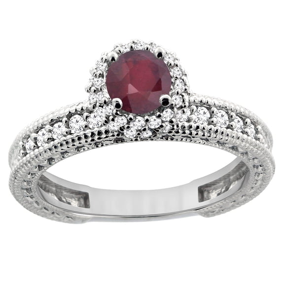14K White Gold Enhanced Genuine Ruby Round 5mm Engagement Ring Diamond Accents, size 5