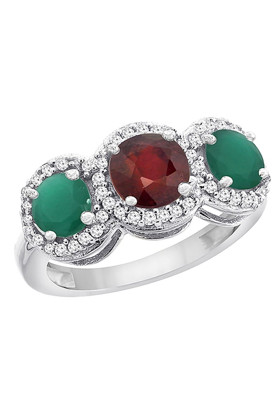 14K White Gold Enhanced Ruby & Emerald Sides Round 3-stone Ring Diamond Accents, size 9.5