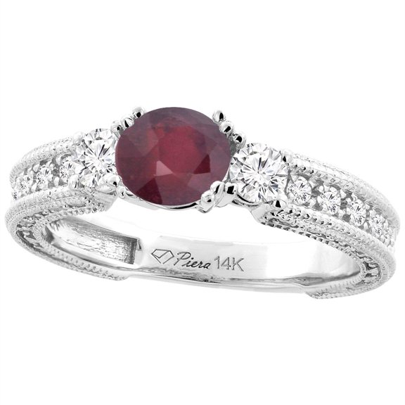 14K White Gold Enhanced Ruby & Genuine Diamond Ring Round 6 mm, size 9