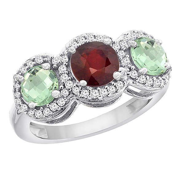 14K White Gold Enhanced Ruby & Green Amethyst Sides Round 3-stone Ring Diamond Accents, size 8.5