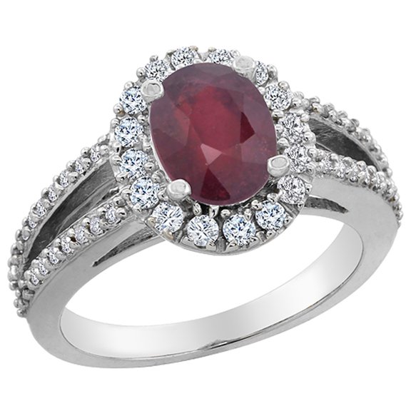 14K White Gold Enhanced Ruby Halo Ring Oval 8x6 mm with Diamond Accents, size 9.5