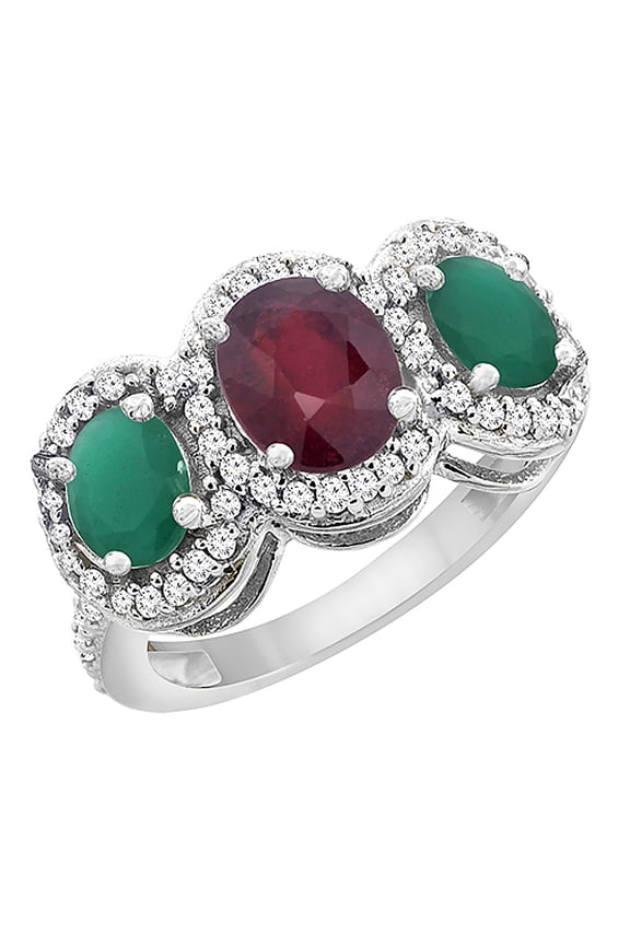 14K White Gold Enhanced Ruby & Natural Emerald 3-Stone Ring Oval Diamond Accent, size 10